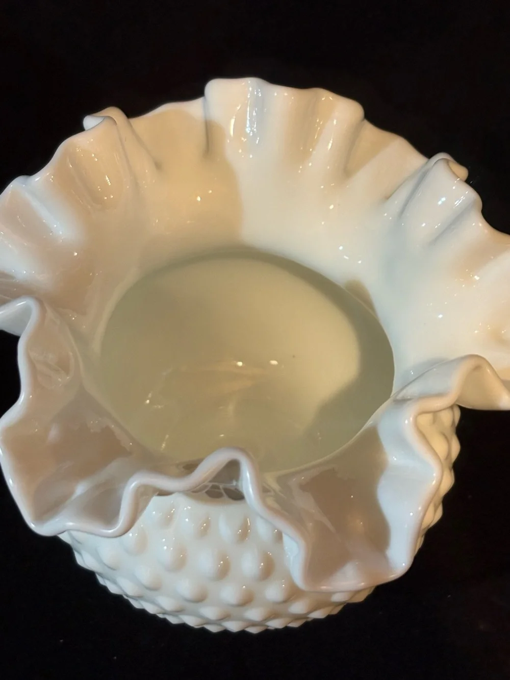Vintage Fenton White Milk Glass Hobnail Double-crimped Ruffled Vase